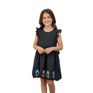 Liesel Girls Dress 5XL Black Ruffle Sleeve Bow Waist Applique Hem Party Casual